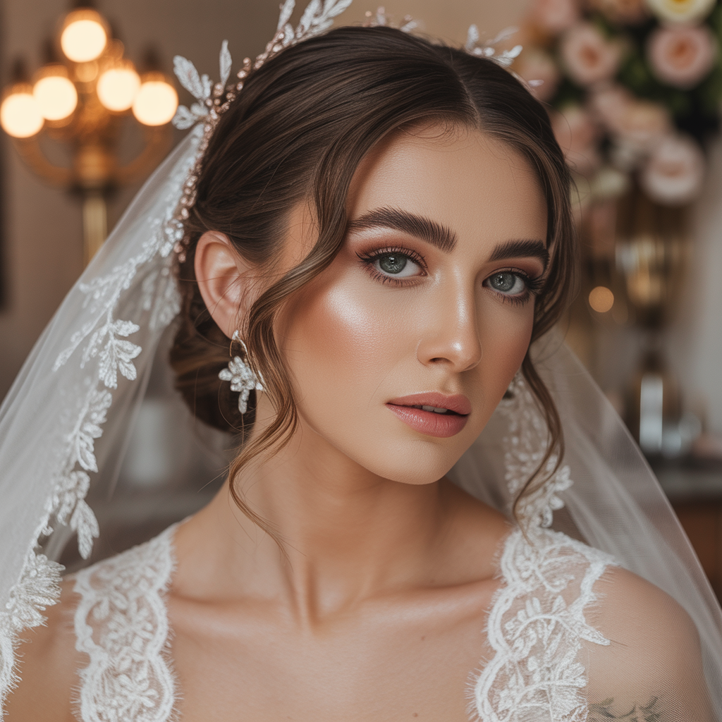 Elegant bridal makeup with soft romantic styling