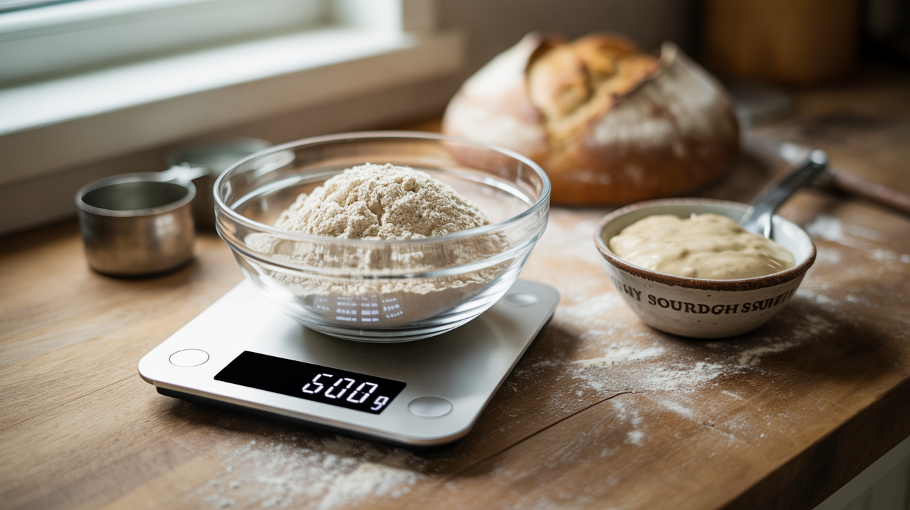 Digital kitchen scale showing 500g with glass bowl of flour and sourdough starter on a wooden counter