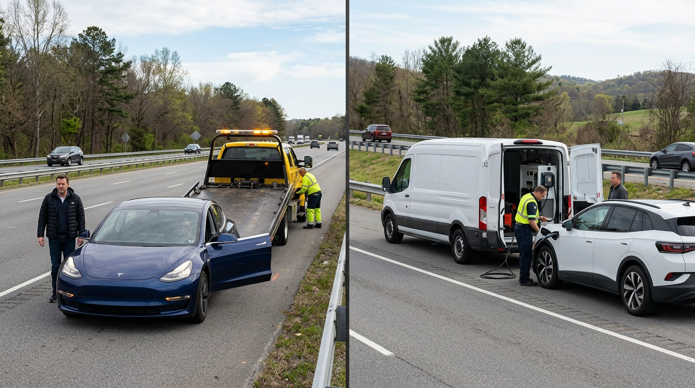 A tow truck next to a stranded EV compared with a mobile charging van