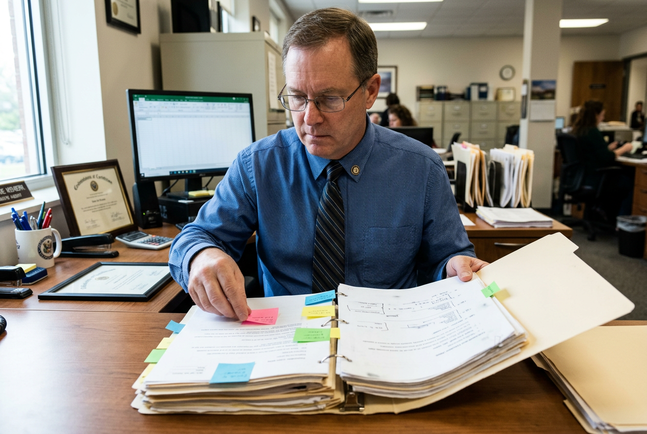 Accredited claims agent at a desk with a veteran's C-file open, flagging pages with sticky notes