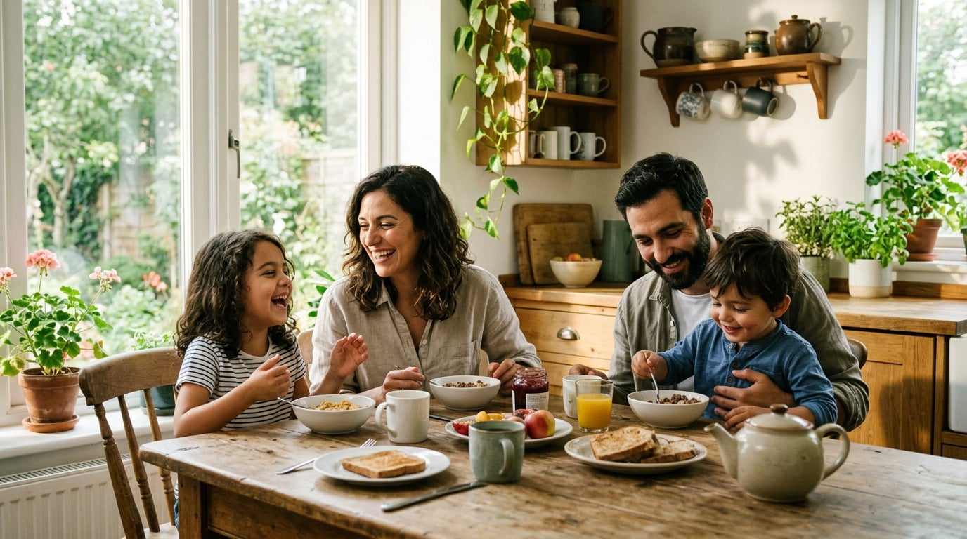 Familia disfrutando de un desayuno juntos en una mañana soleada
