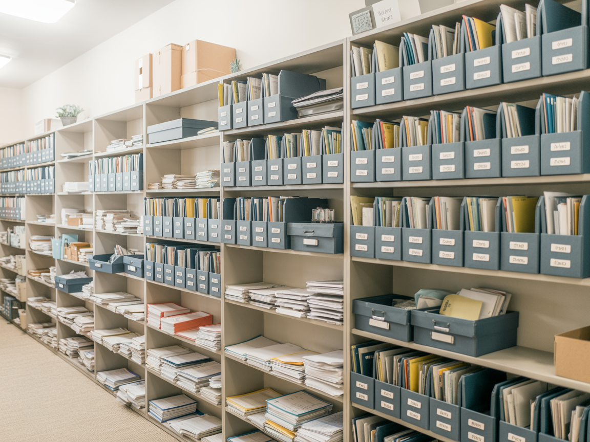 Organized office supply room with labeled bins