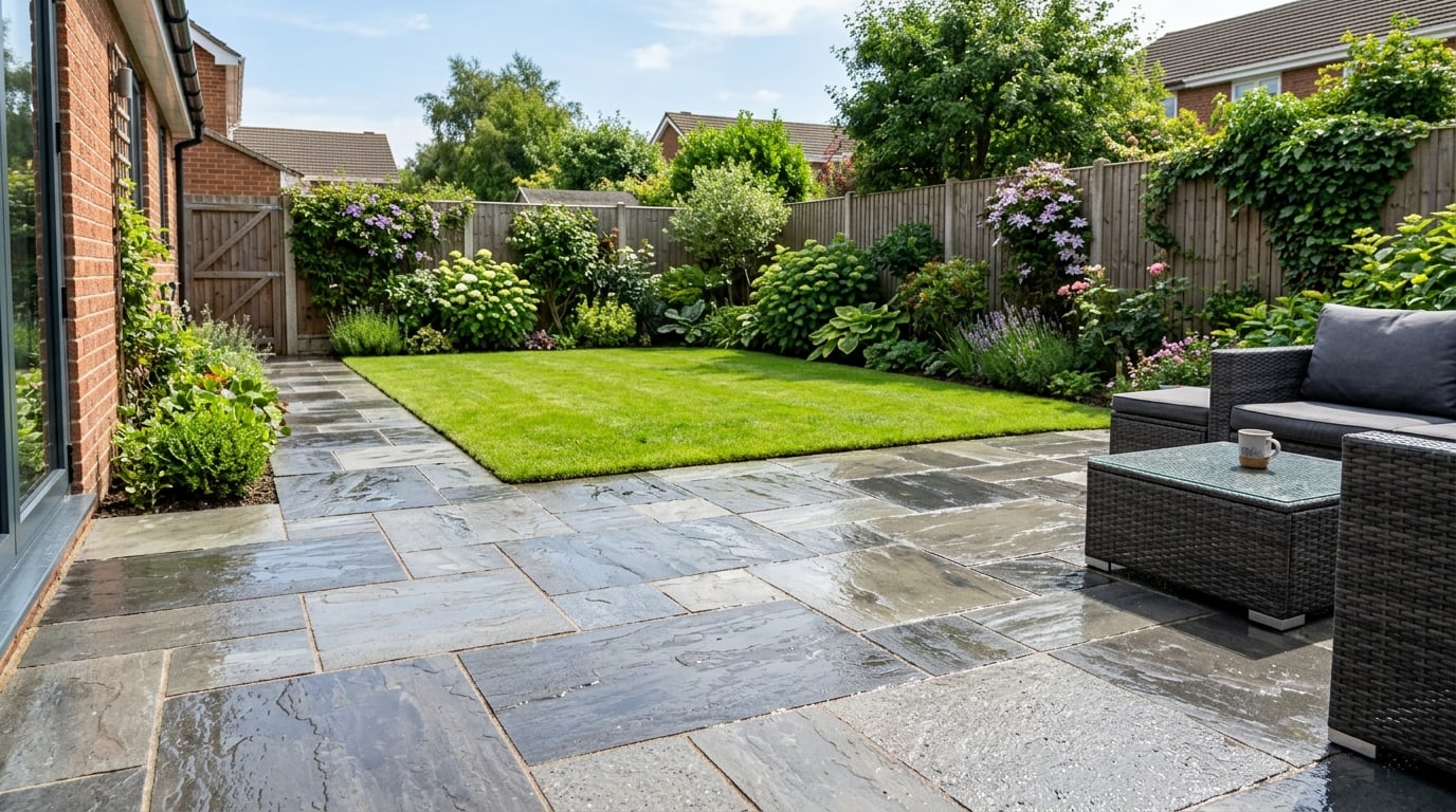 Freshly sealed patio area in garden