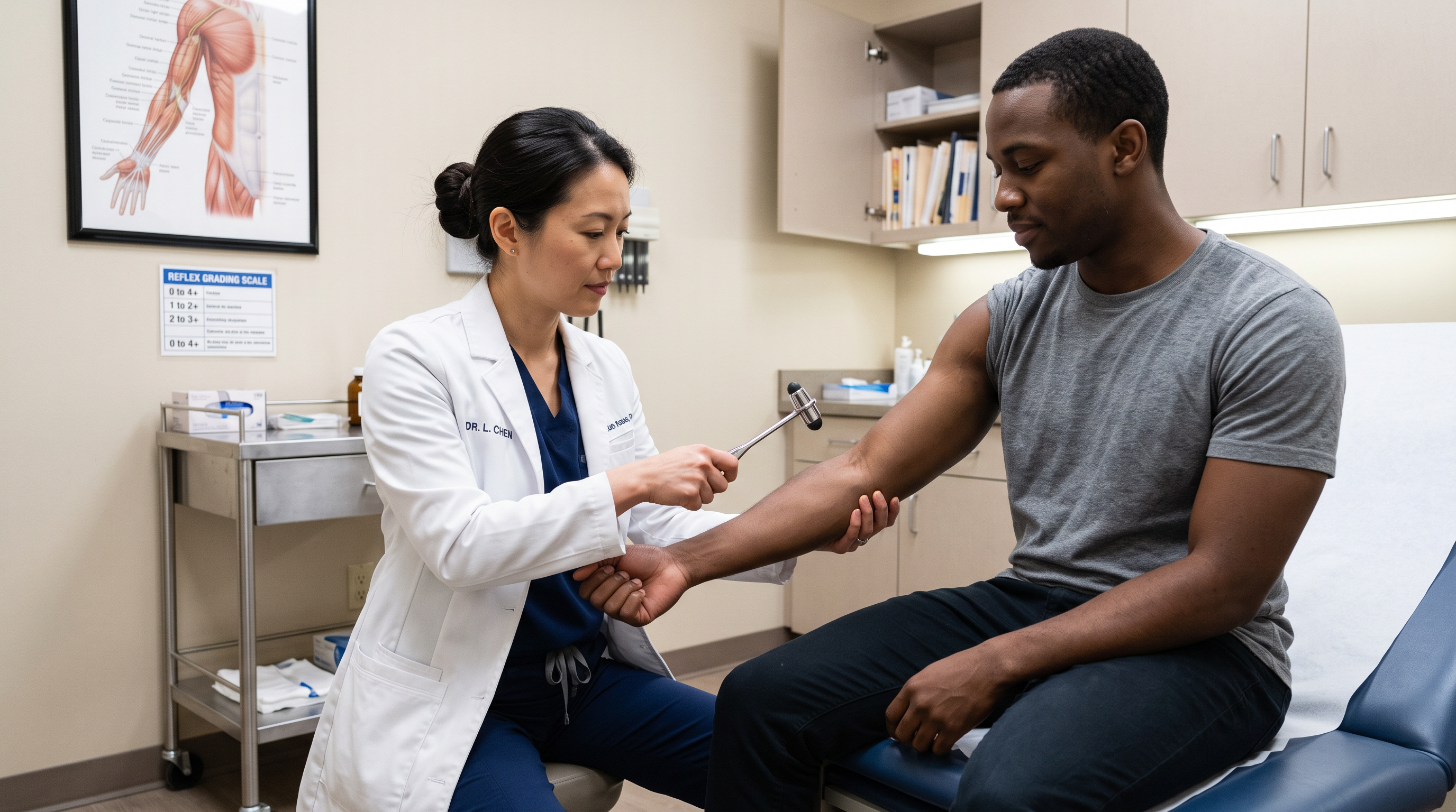An Asian clinician striking a Black male patient's biceps and triceps reflexes with a reflex hammer, a 0-to-4+ reflex-grading label overlay