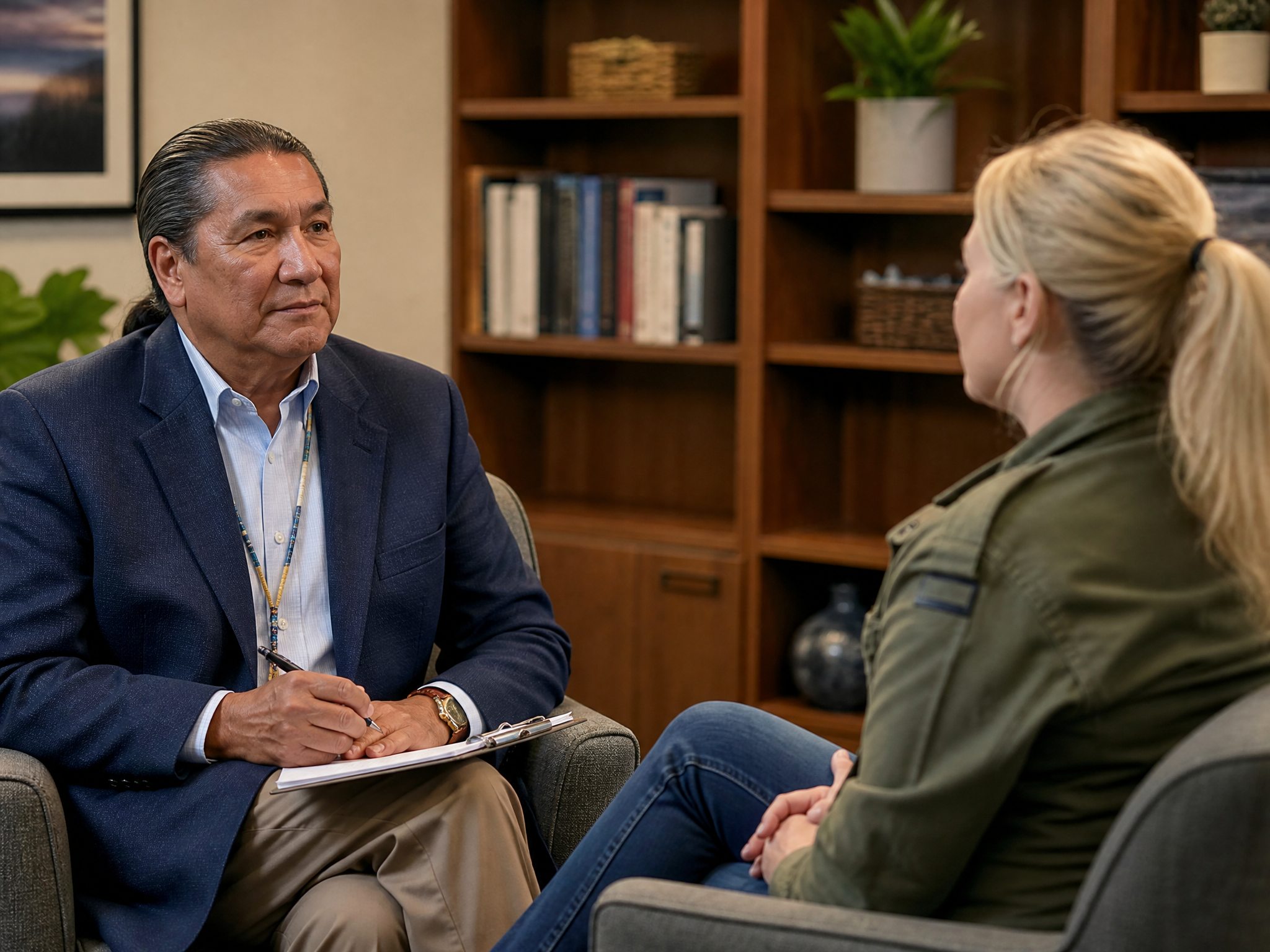 Older Native American male counselor in a blazer sitting across from a white female veteran in a professional office setting for a functional capacity assessment