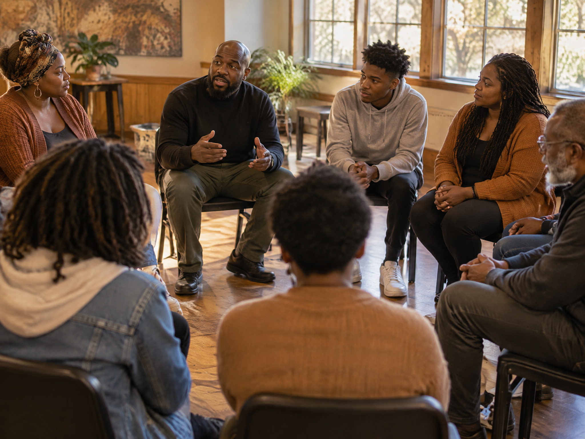 Community group discussion at Journey Youth and Family Service
