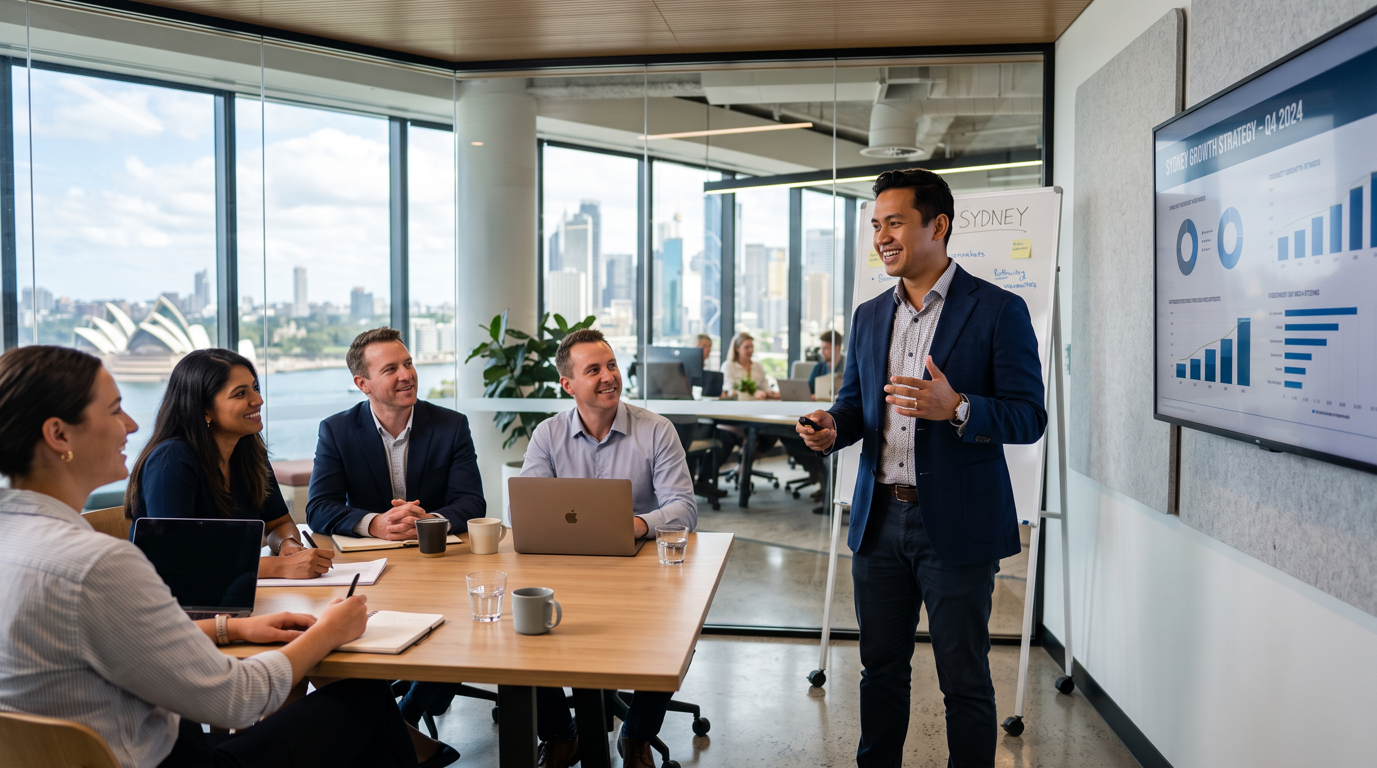 An Indonesian-background male professional presenting warmly to a small team in a contemporary Sydney workplace