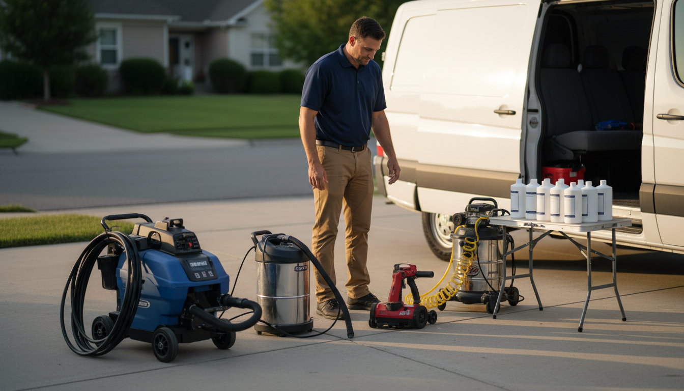 Detailer setup with Mytee extractor, steamer, Tornador, air compressor, vacuum and 3D Products bottles