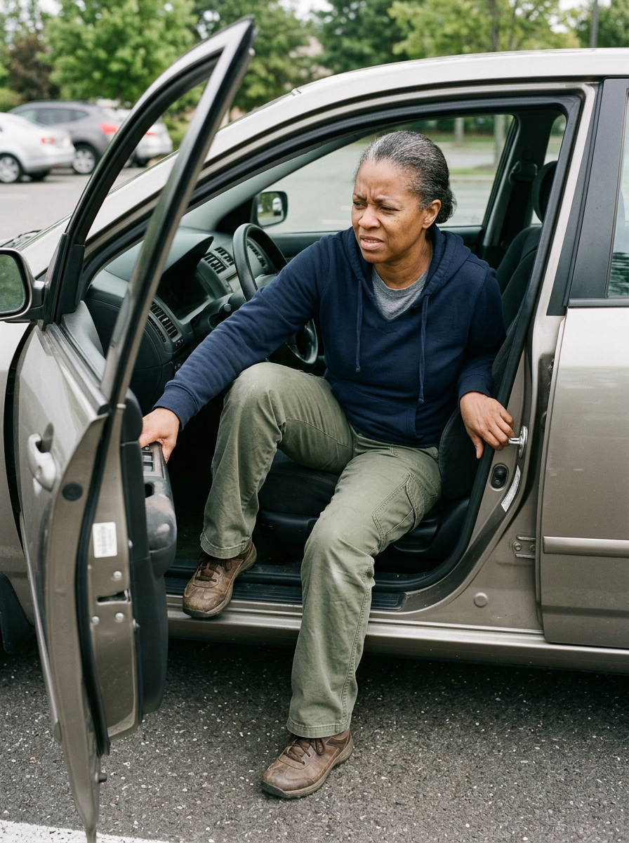 Black female veteran in her 50s sitting in a car with the door open struggling to swing her leg out to exit the vehicle