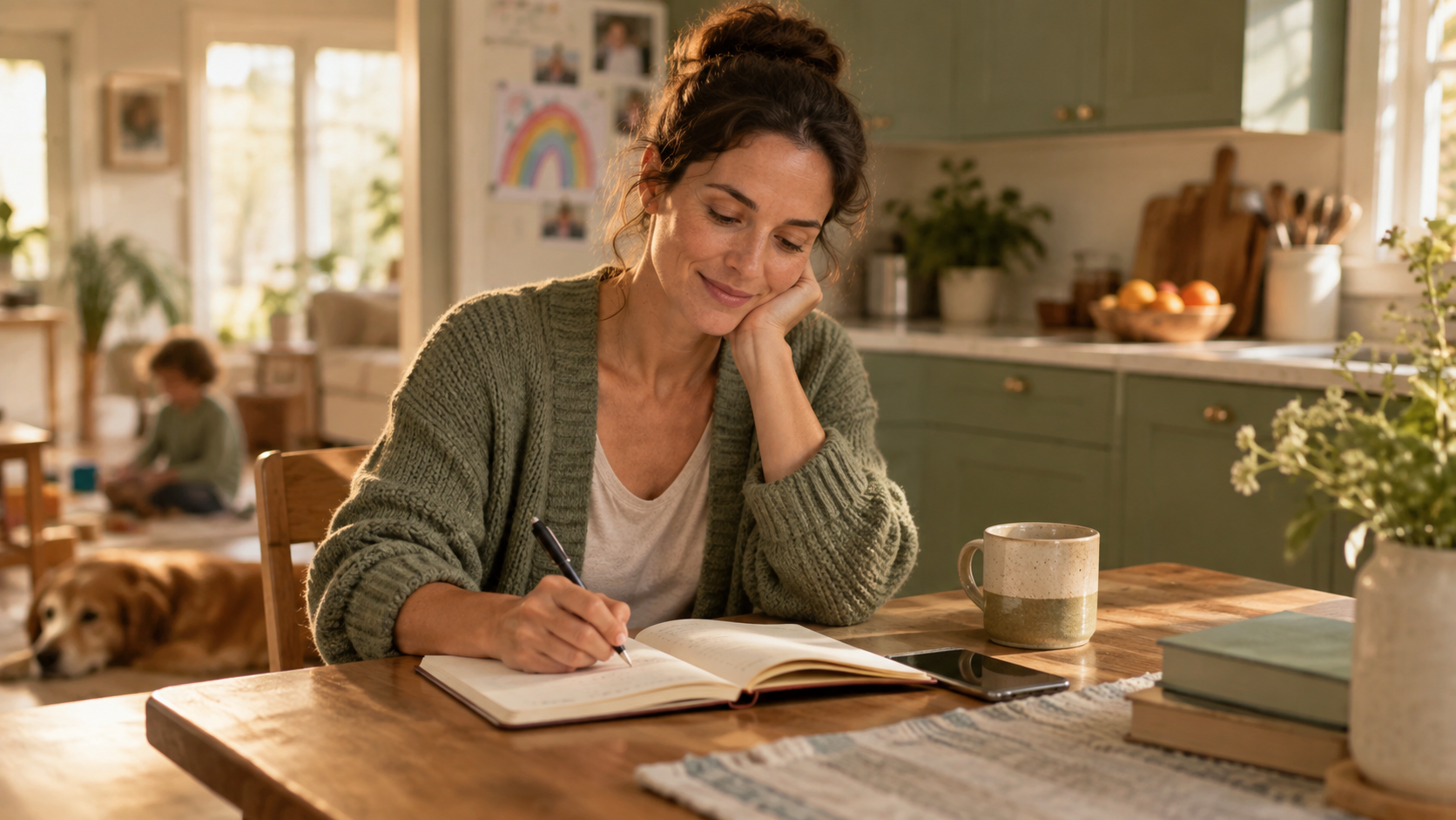 A person sitting at a kitchen table in soft morning light, calmly writing in a notebook — warm, supportive editorial image for co-parenting journalling