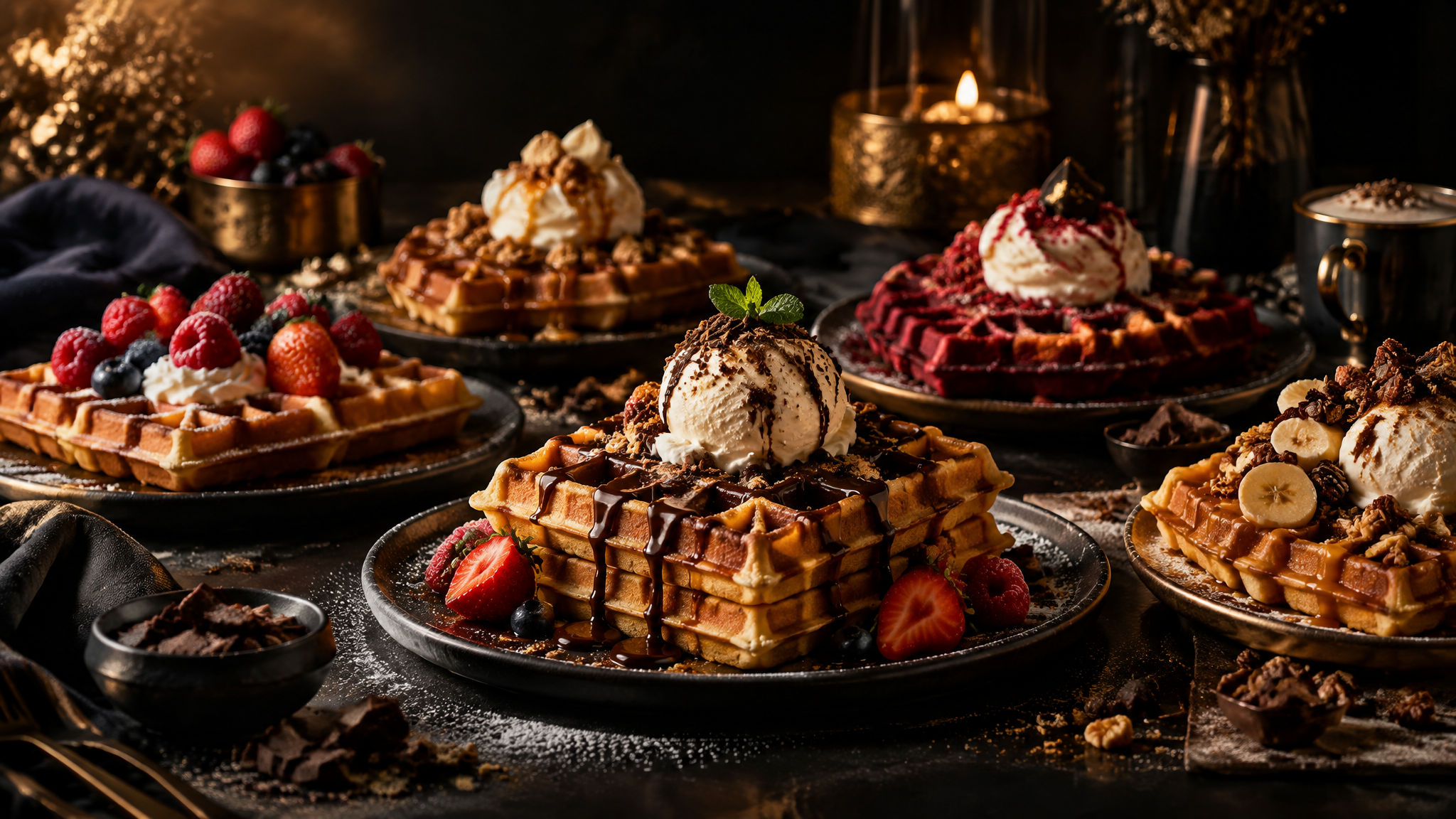 Altın ışık altında lüks waffle ve tatlılar