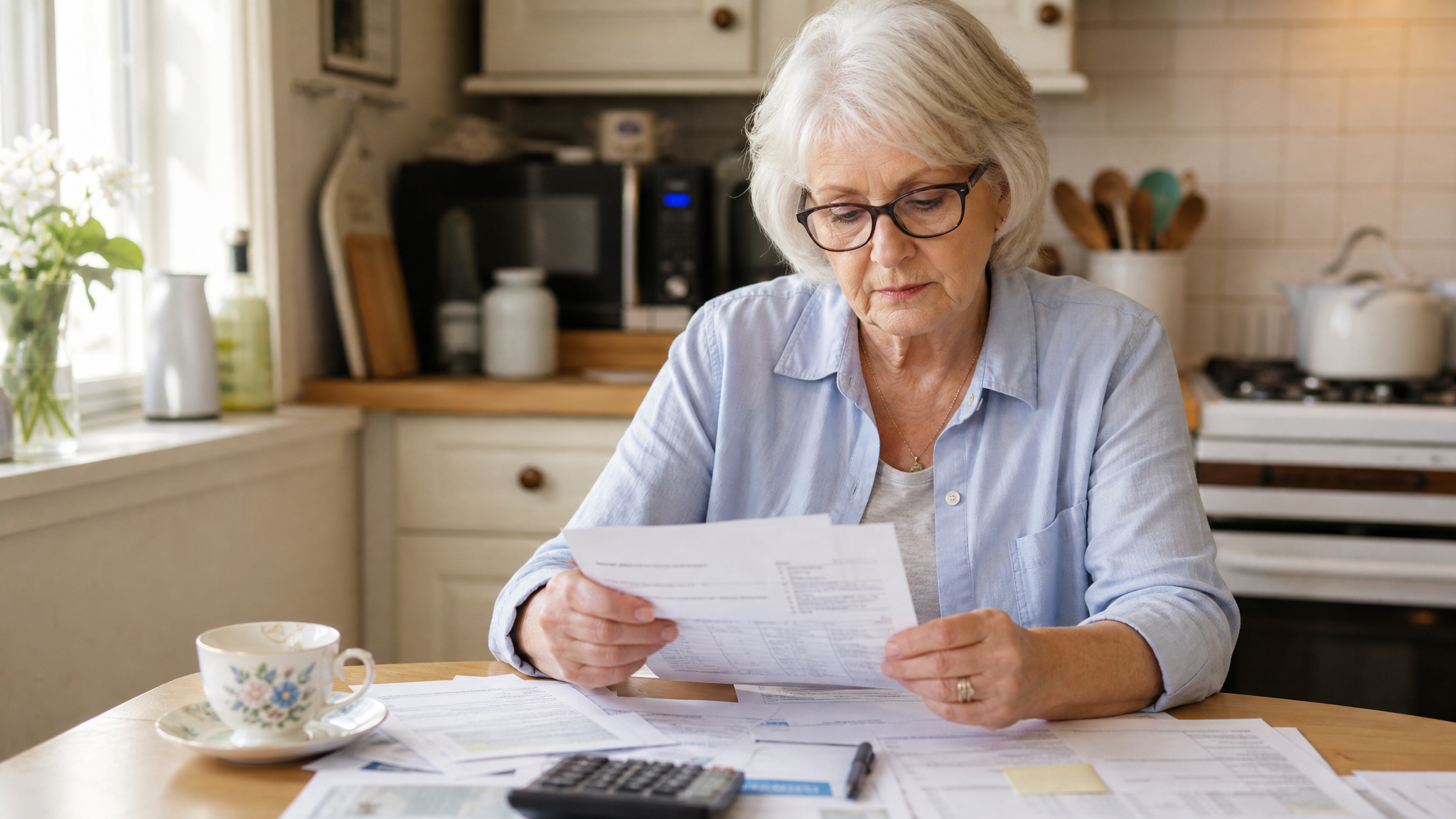 A senior White widow reviewing household bills and paperwork at her kitchen table