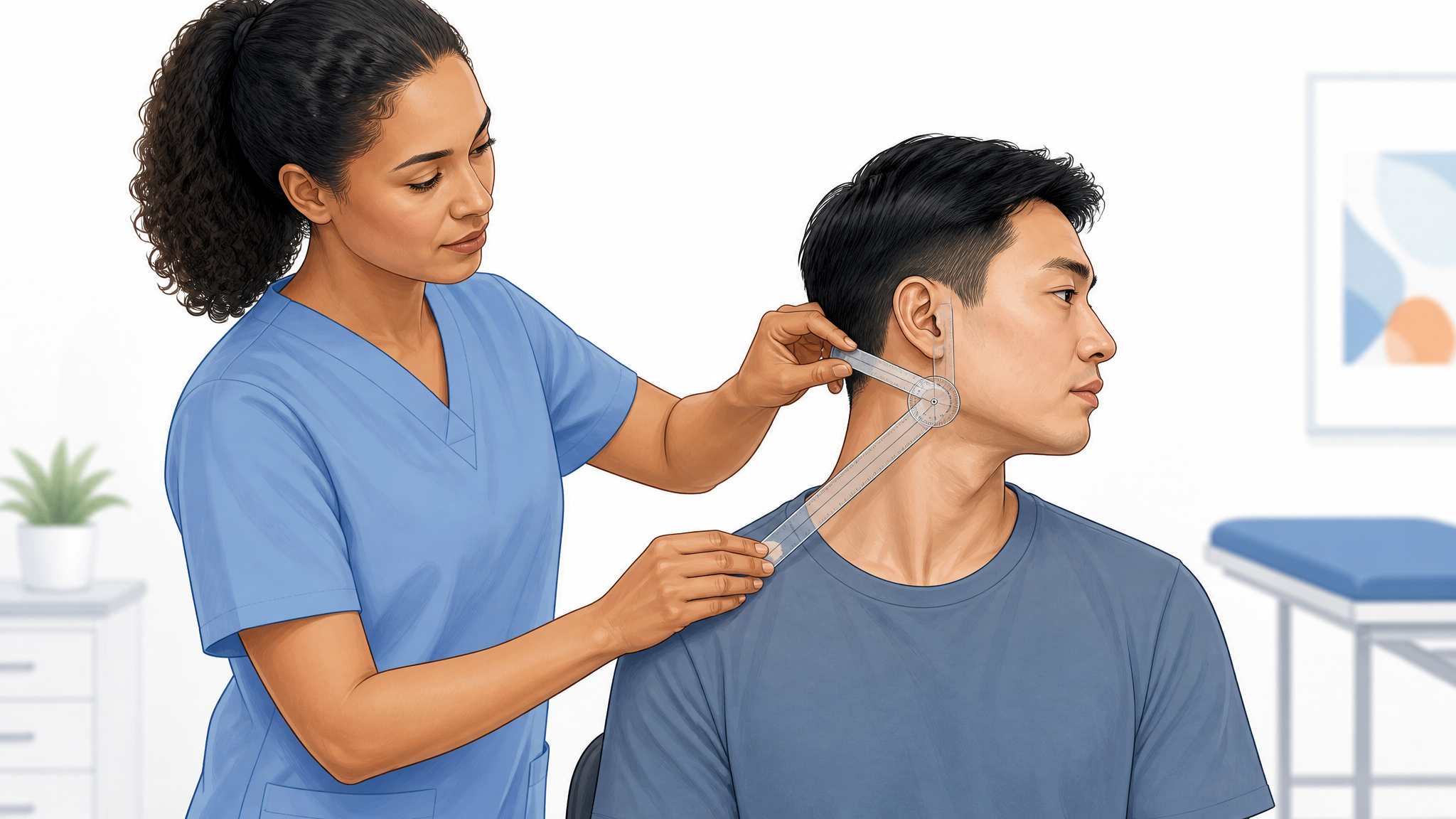 Illustration of a clinician measuring a seated patient’s neck rotation with a goniometer