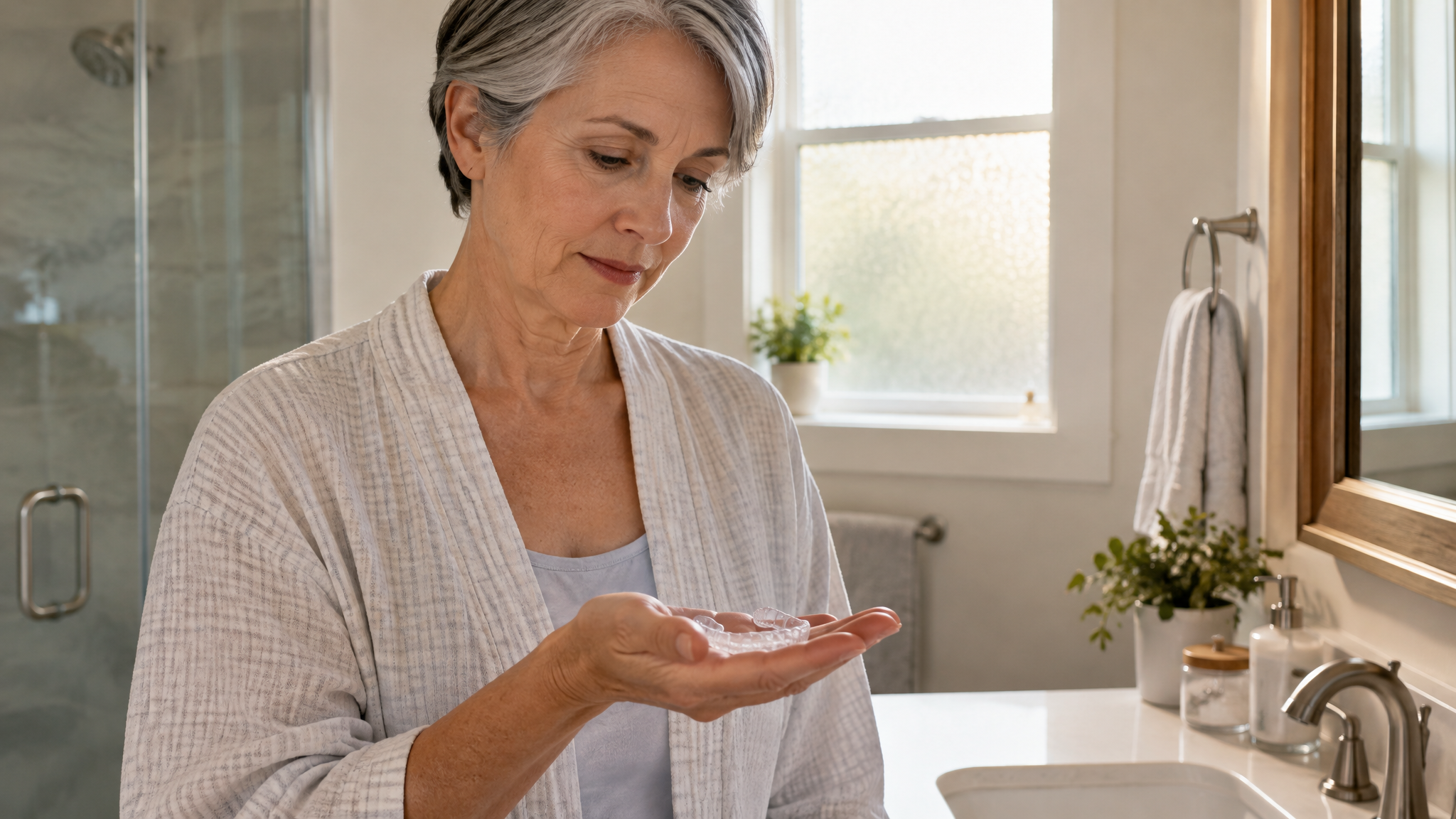 A woman veteran holding a clear dental night guard in her palm at a bathroom counter
