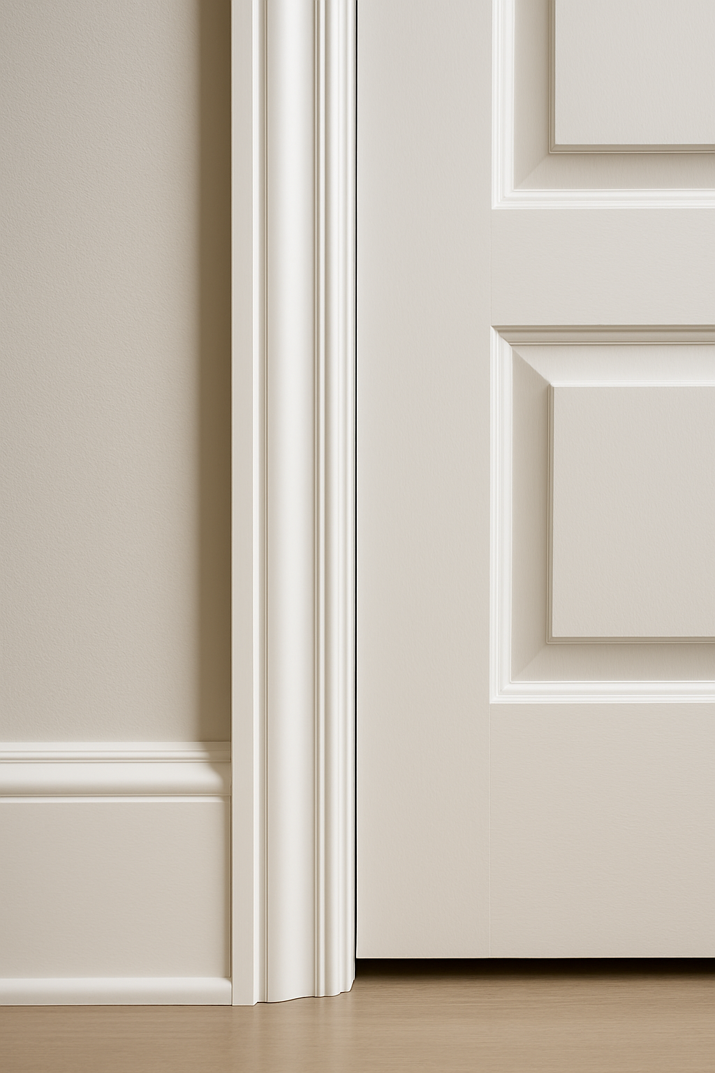 Elegant white door with detailed trim and molding, showcasing precision craftsmanship and smooth surfaces, emphasizing luxury millwork in residential spaces.