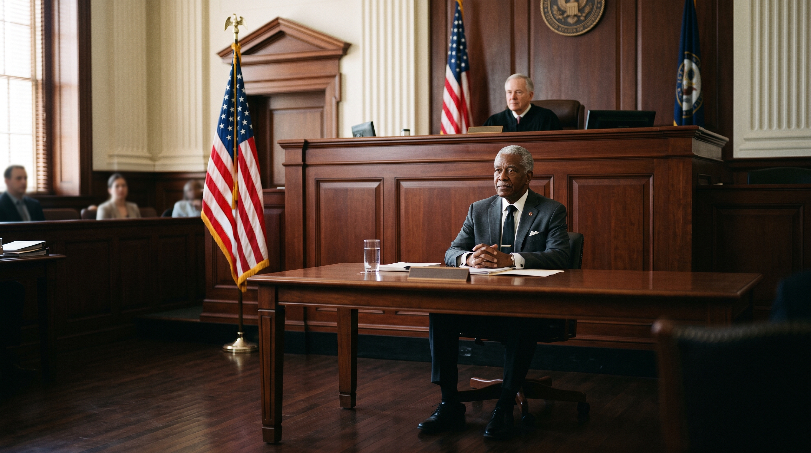 A formal hearing room with a Veterans Law Judge bench and an American flag