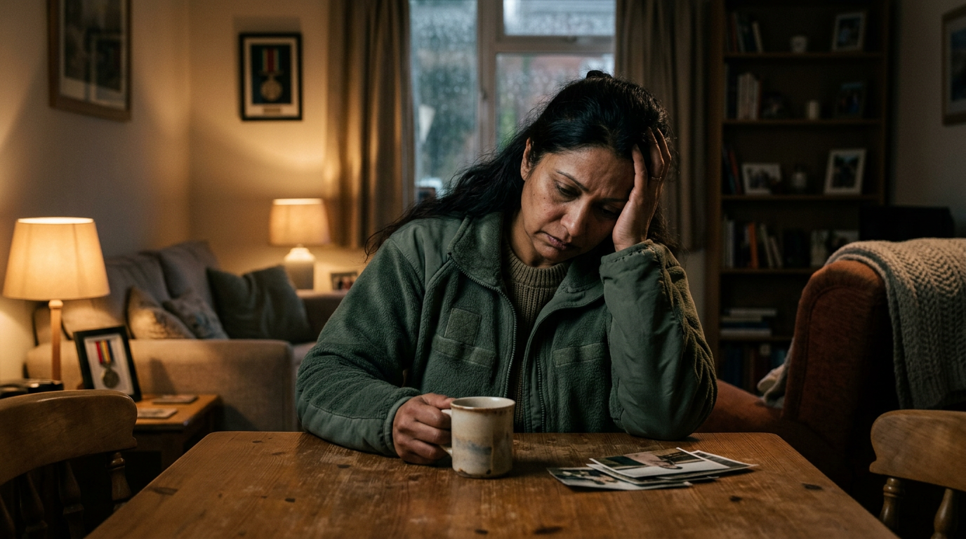 South Asian female veteran in her 40s sitting alone in a dimly lit room showing depression from chronic neuropathic pain
