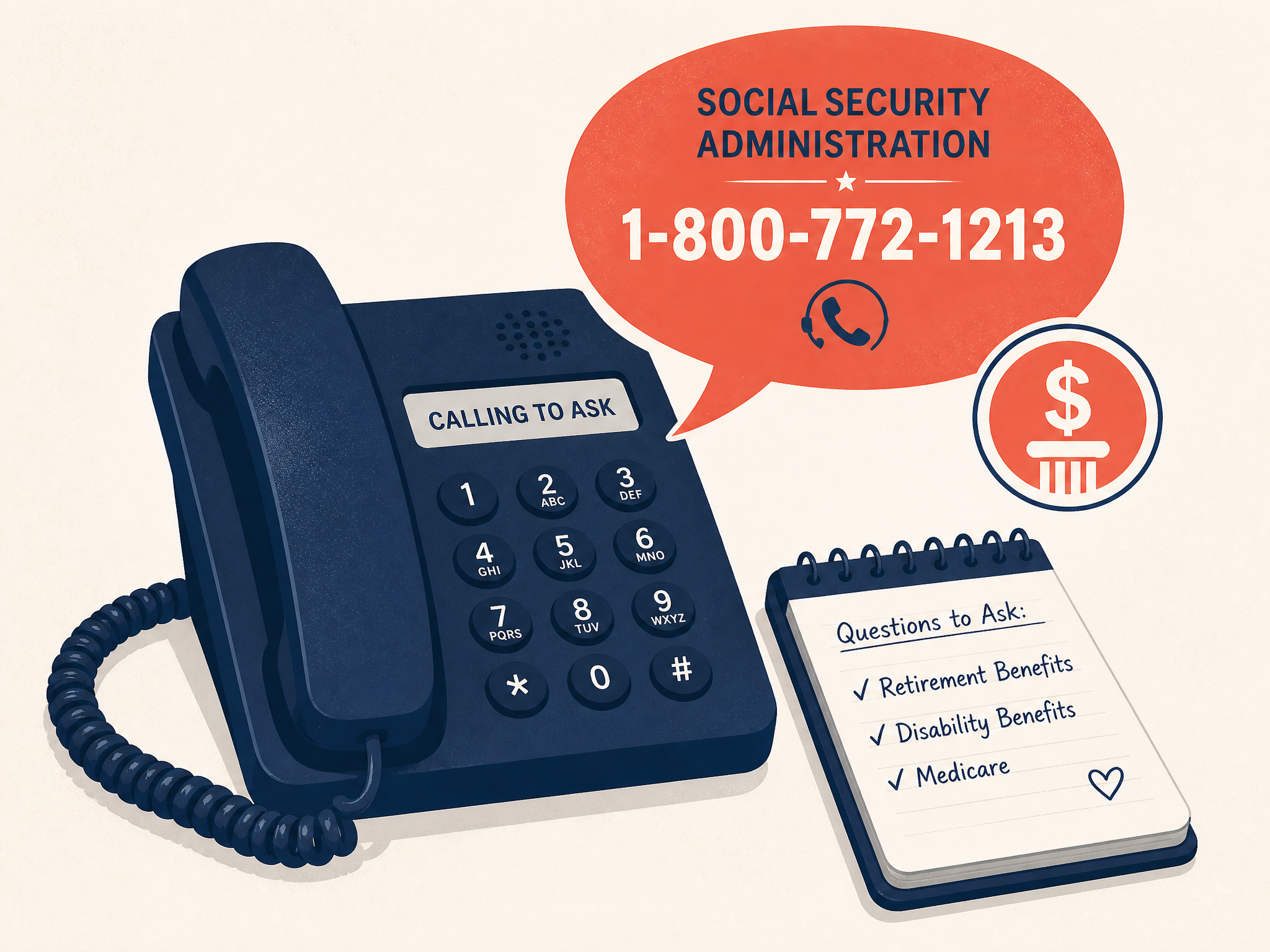 Illustration of a phone handset, the Social Security 1-800 number on a notepad and a benefits question mark - calling to ask what you are owed