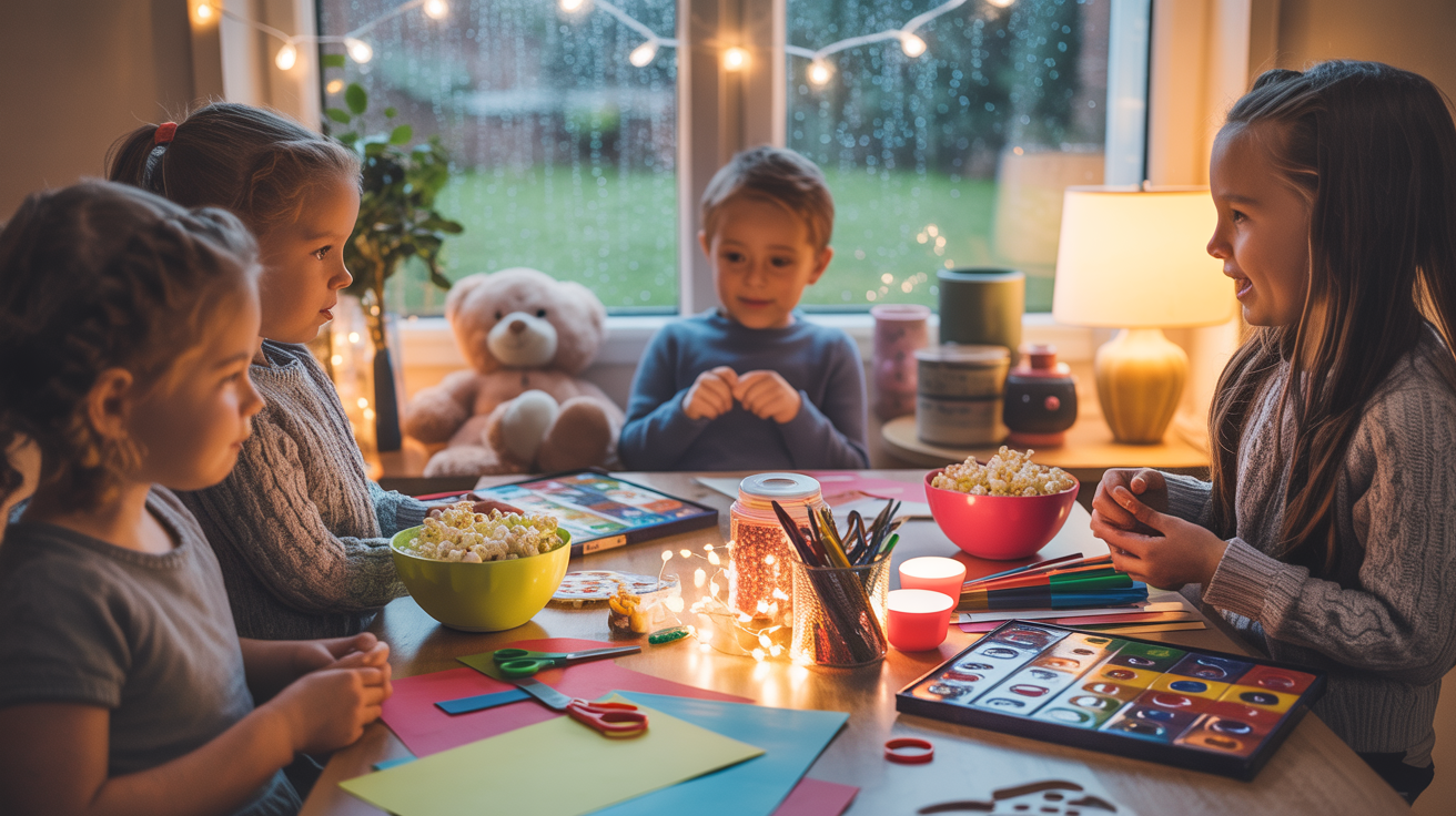 Cosy indoor kids' crafts table with coloured paper, glitter, teddy bear and fairy lights on a rainy day