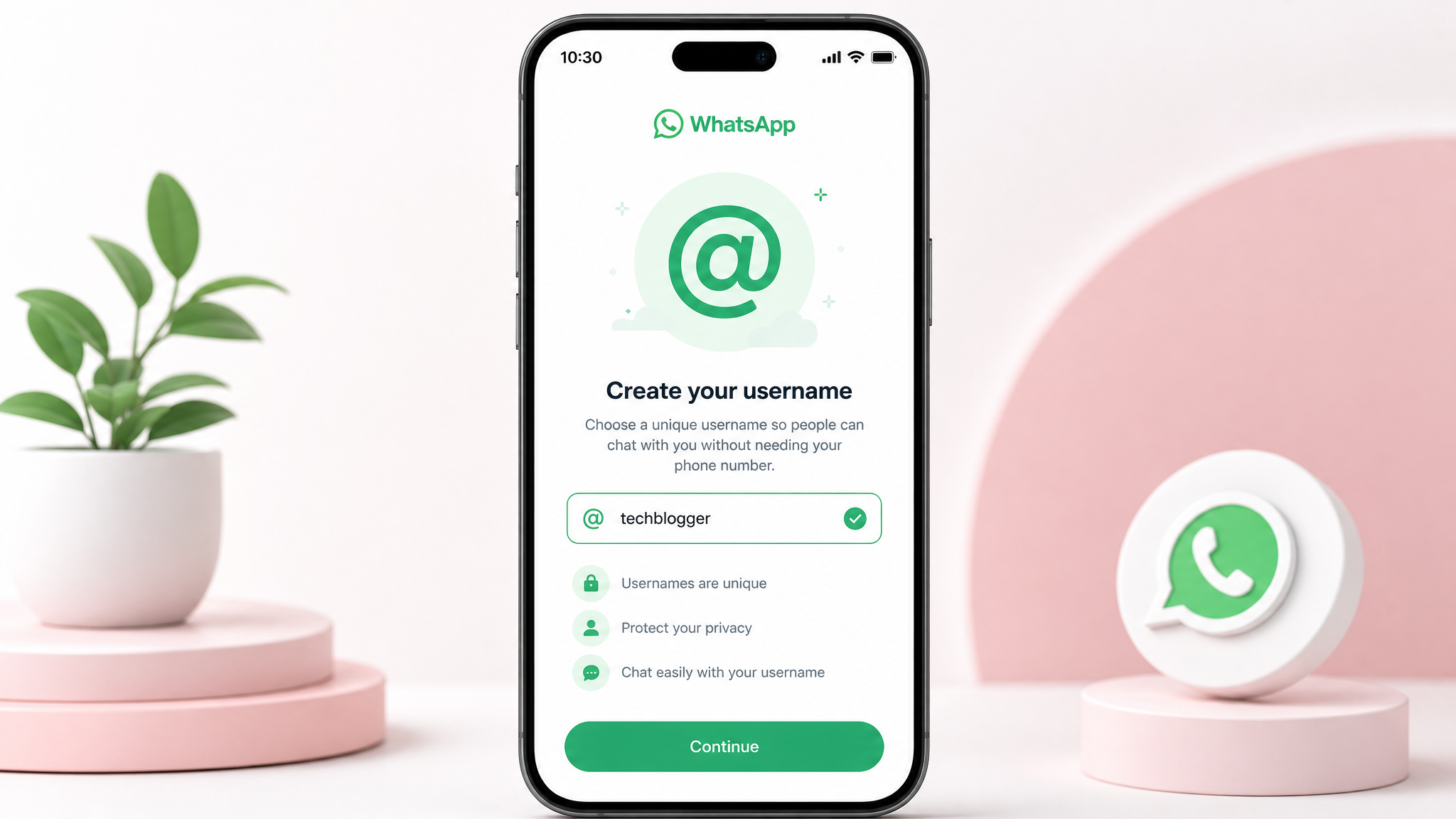 Smartphone mostrando la interfaz de WhatsApp con campo para crear nombre de usuario