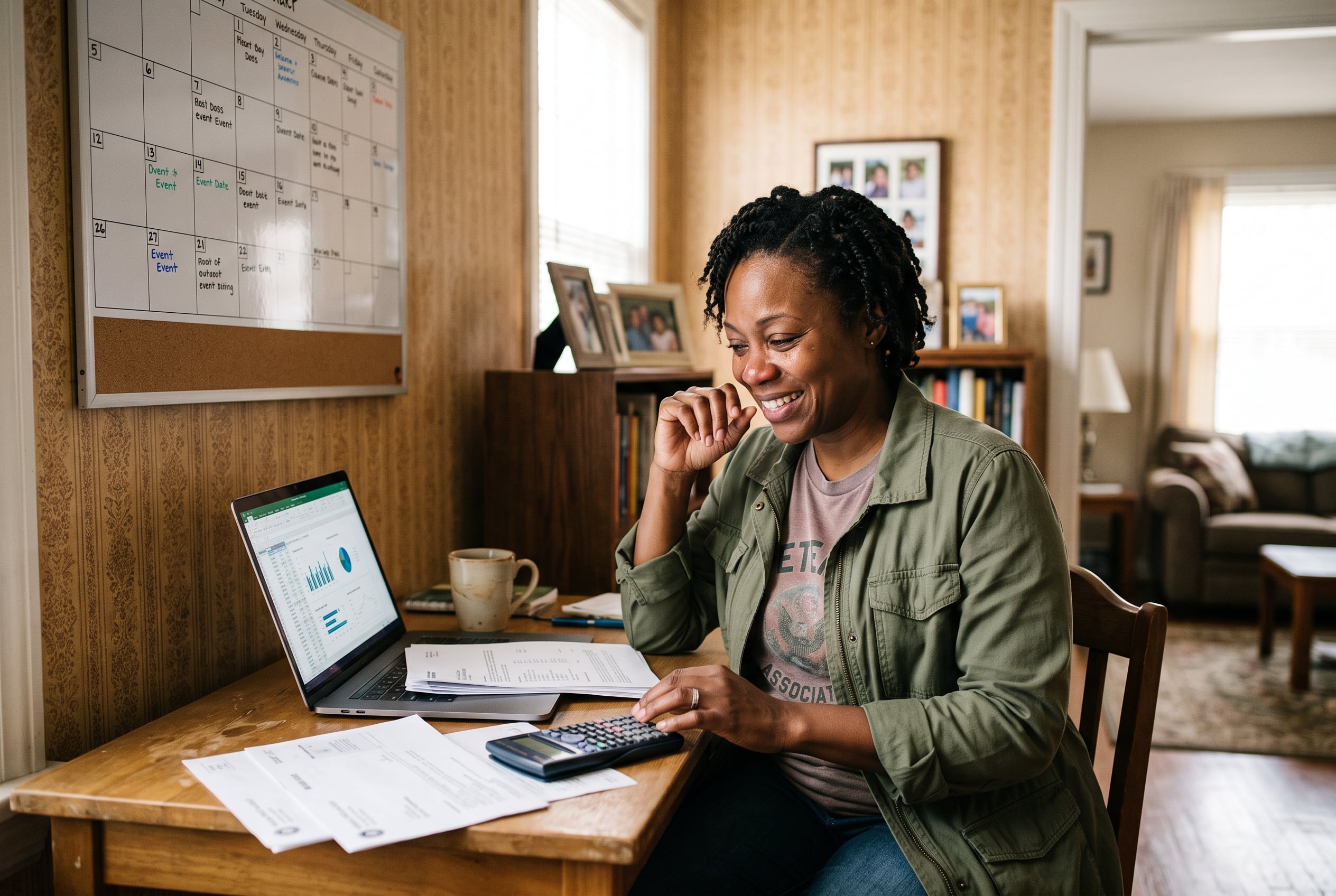 A veteran reviewing finances with relief after receiving back pay owed