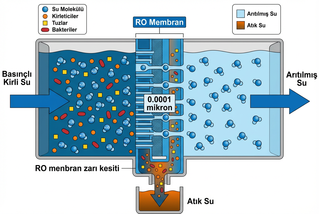 Ters ozmoz membranı çalışma prensibi: basınçlı giriş suyu yarı geçirgen membrandan geçerken çözünmüş maddelerin geri tutulmasını ve arıtılmış suyun ayrılmasını gösteren kesit şeması