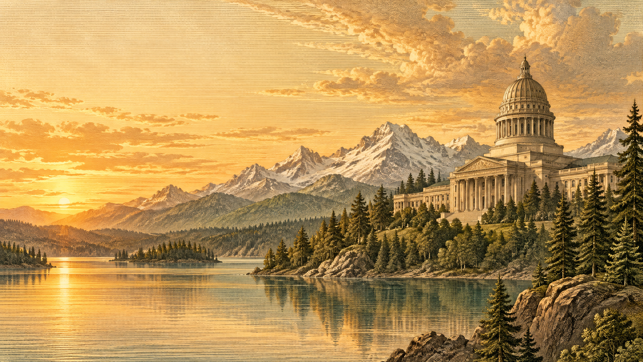 Capitol building at sunset with mountains and a tranquil lake