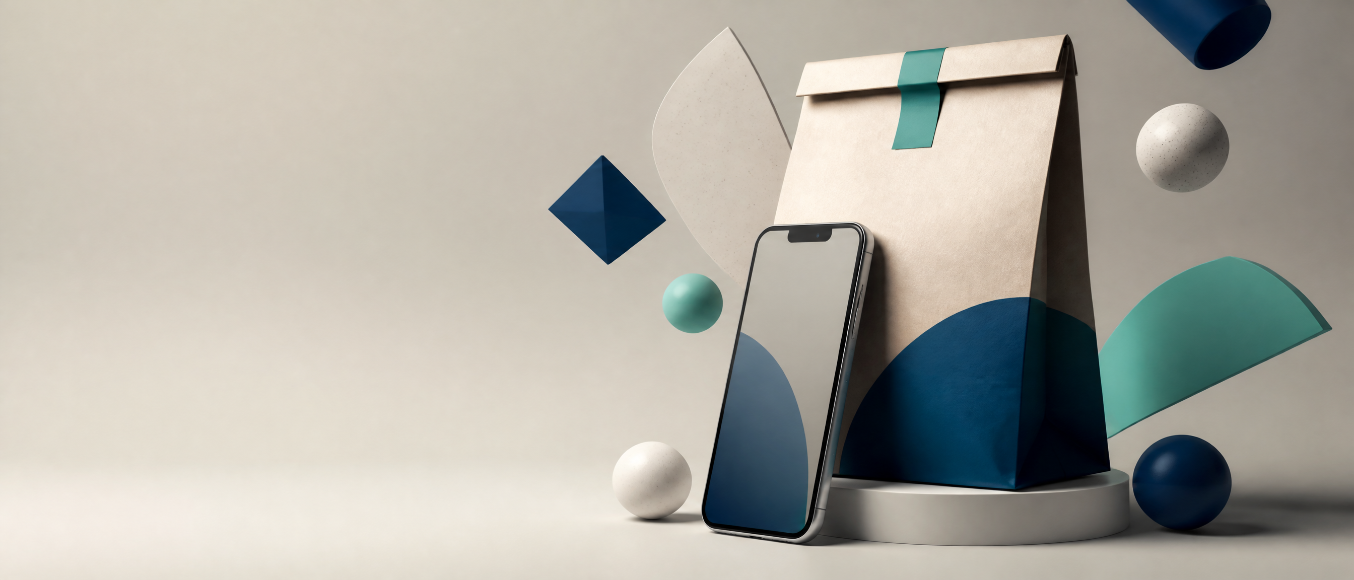 Minimal premium still life of a takeaway food bag and smartphone with floating abstract shapes