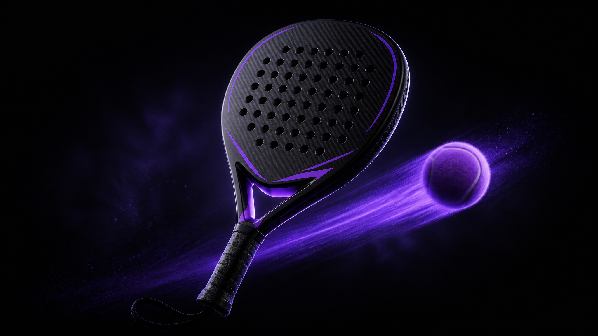 Pala de pádel premium con detalles violeta flotando sobre fondo oscuro