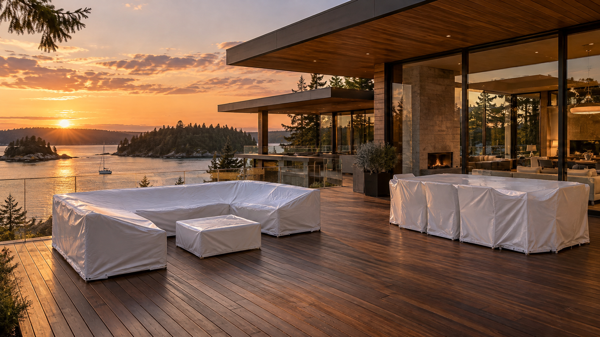 West Coast waterfront home with professionally wrapped outdoor furniture at golden hour — concept imagery