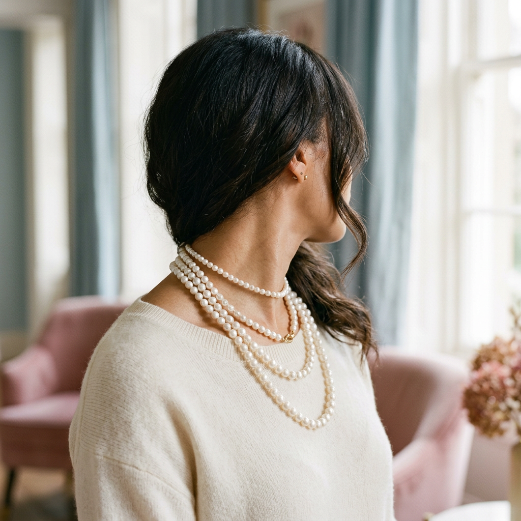 Woman wearing layered pearl necklaces in a cream sweater