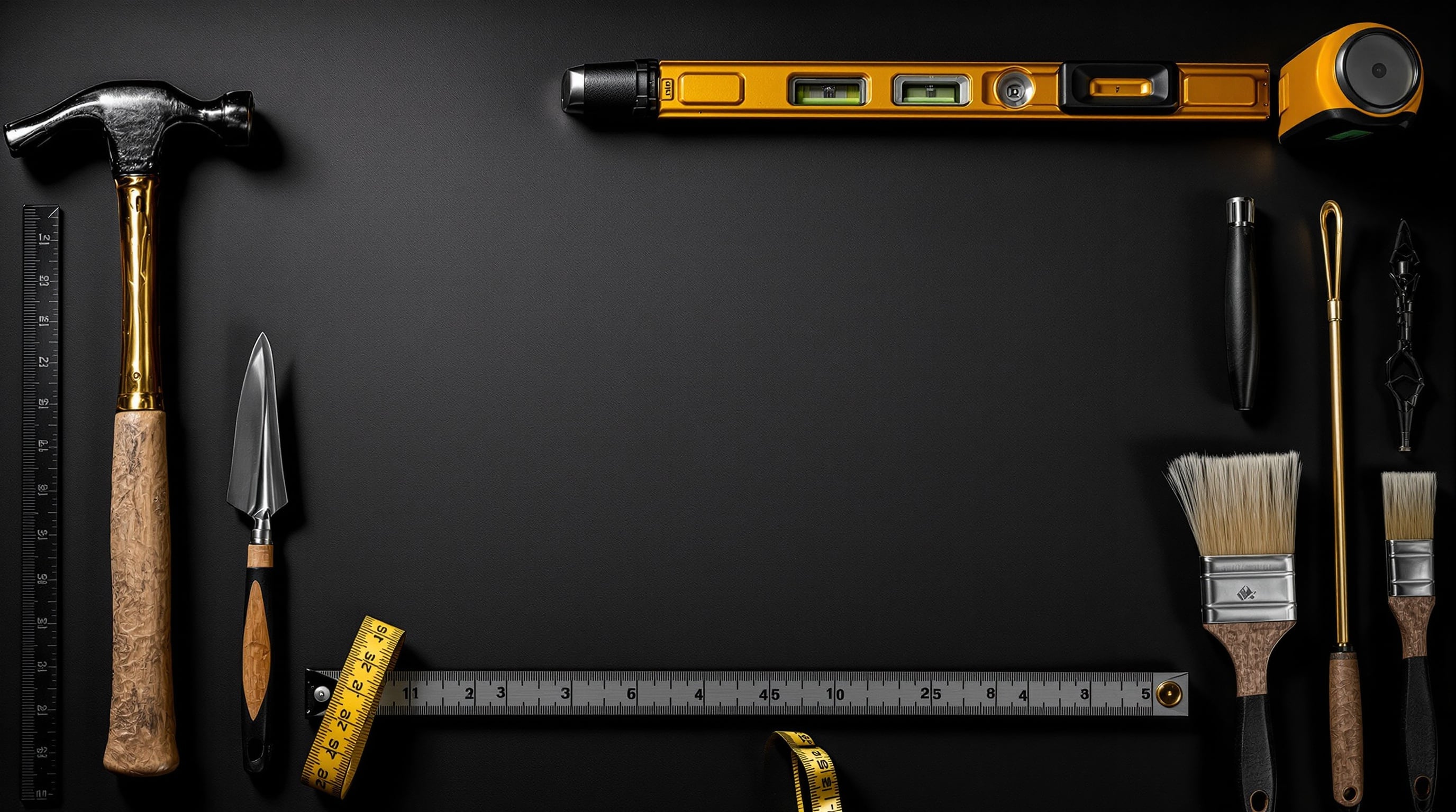 Professional construction tools arranged on dark background