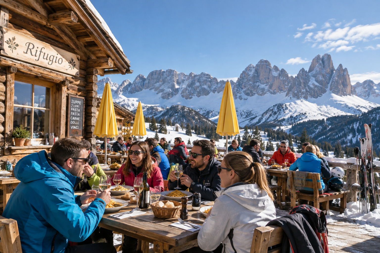 Mountain hut dining terrace with Dolomite views