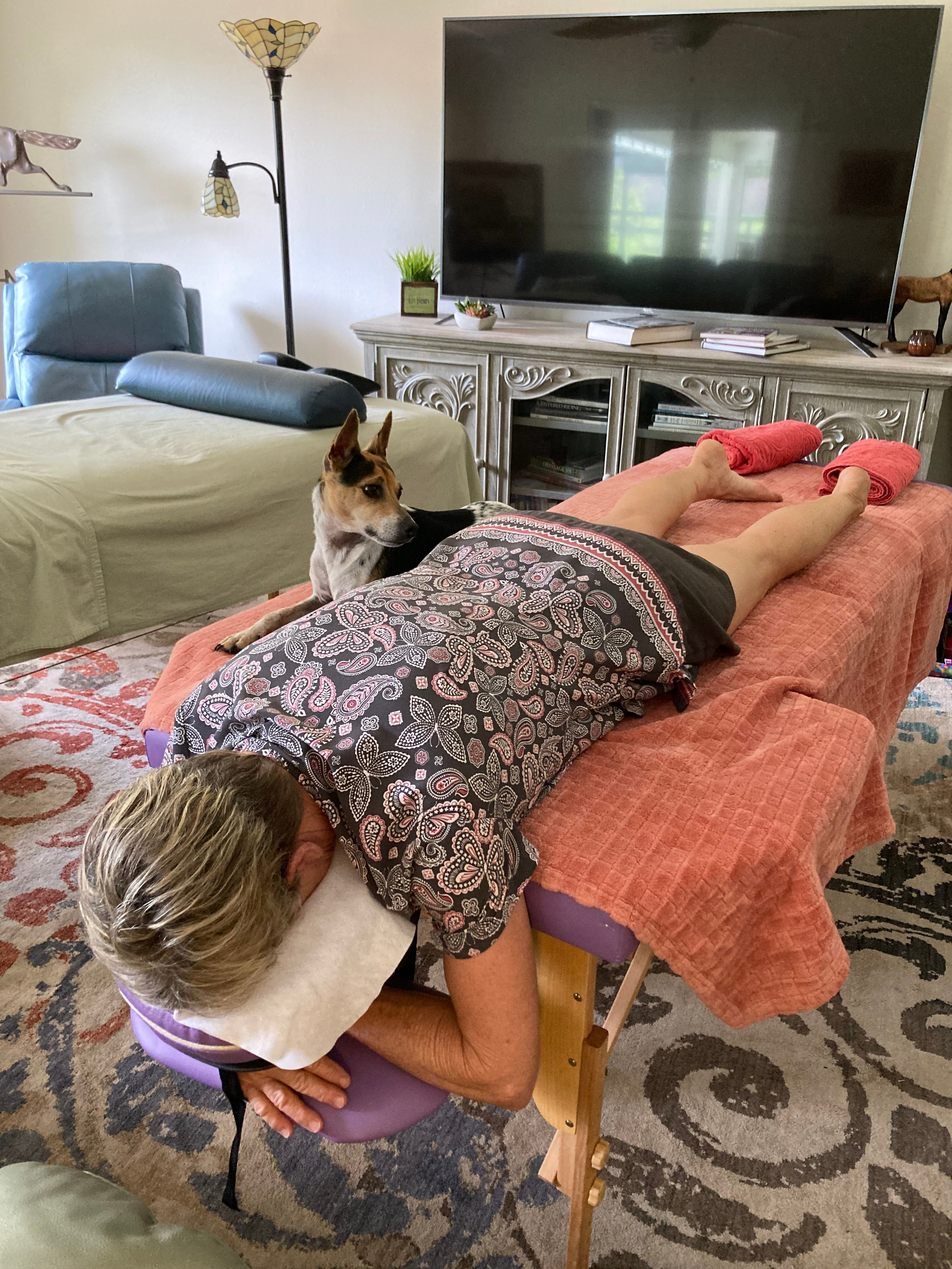 Traveling mobile Spinal Flow session with a curious pup watching over the healing