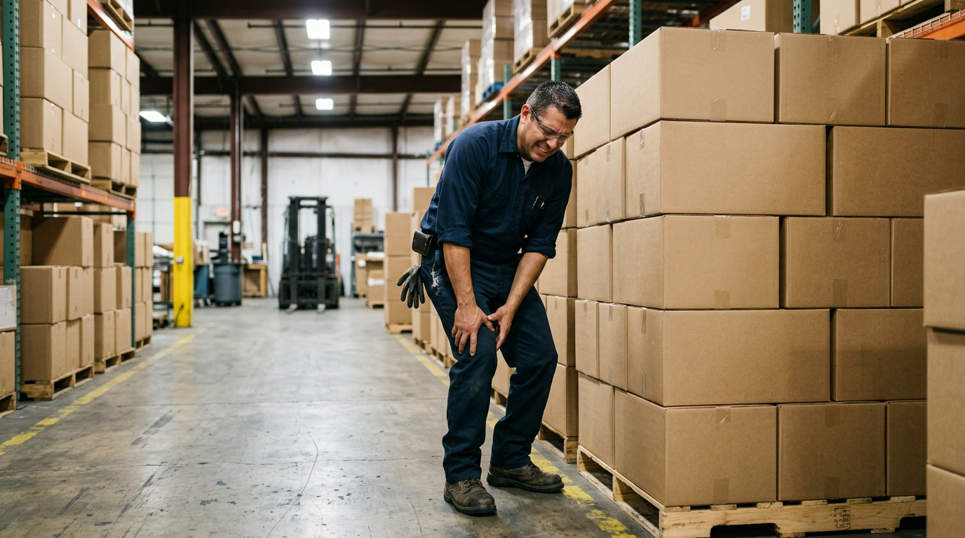 Photograph of a man unable to perform his physical warehouse job, holding his knee in pain beside stacked boxes