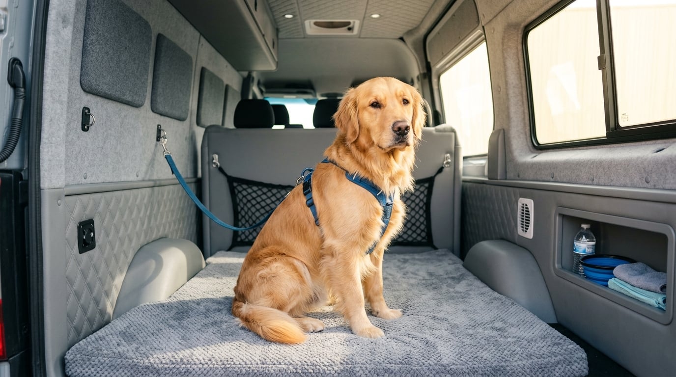 A calm golden retriever riding comfortably in a padded, seat-free pet transport van interior