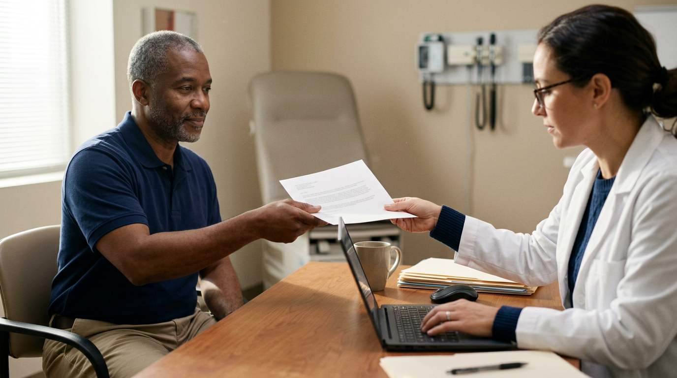 Veteran handing a one-page exposure history across the desk to a clinician typing the visit note