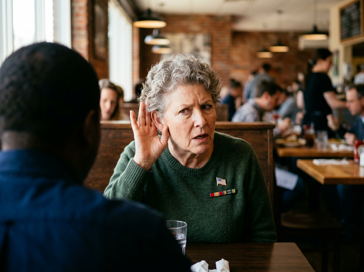 An older woman leaning forward with her hand cupped behind her ear, straining to hear a conversation