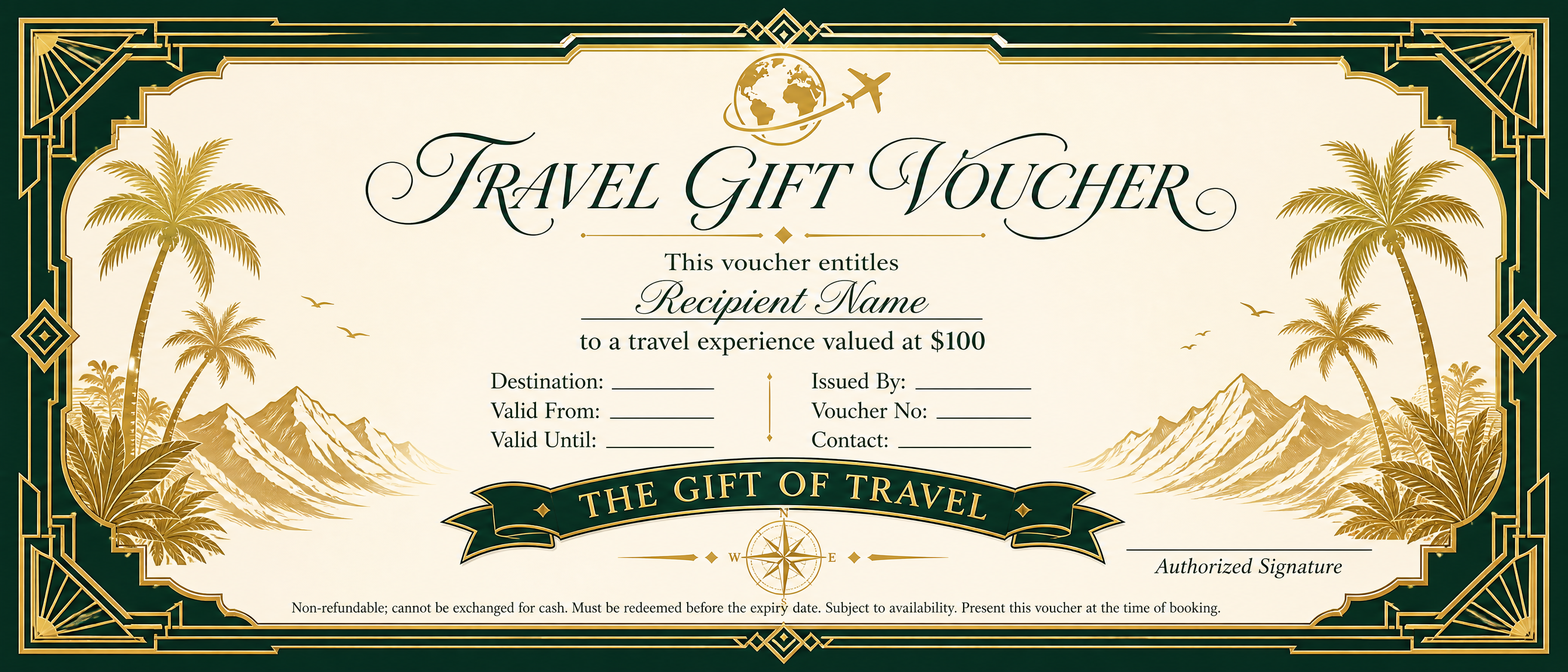 Green & Gold Editable Travel Gift Voucher
