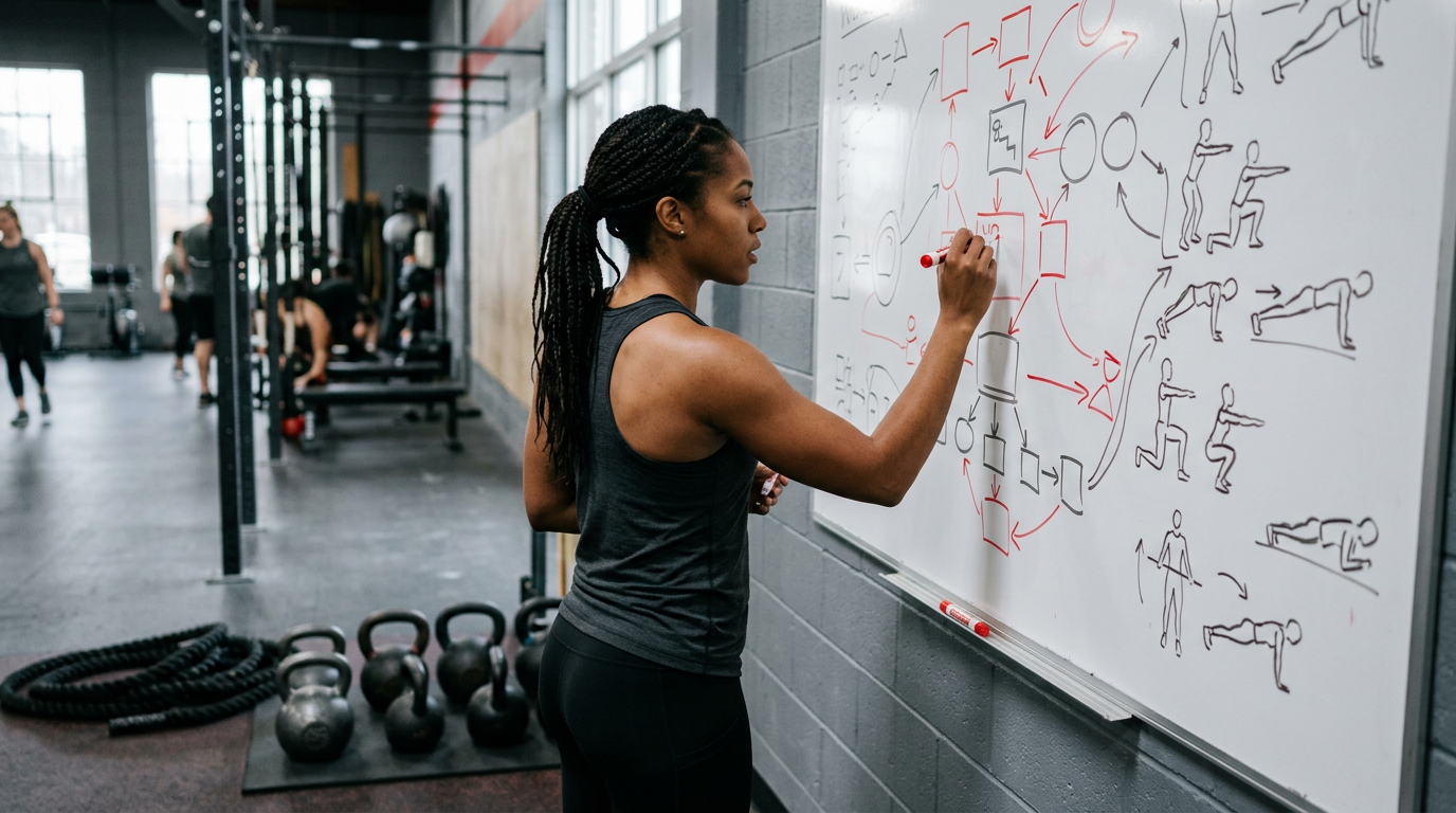 Instructor sketching a HIIT circuit on a gym whiteboard