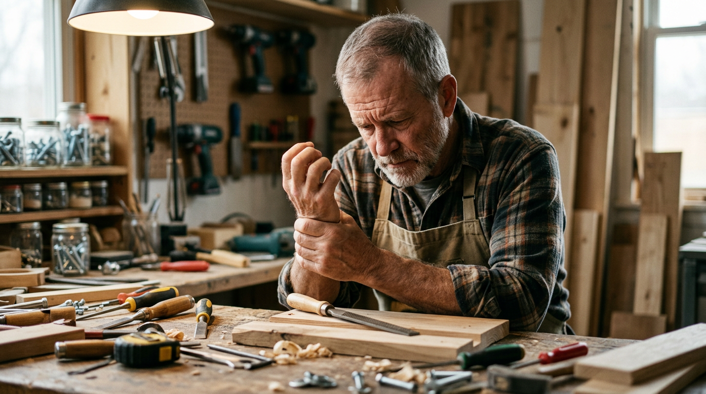 A veteran sitting at a workbench unable to grip his tools, hand cramped and head lowered in frustration over lost employment capacity