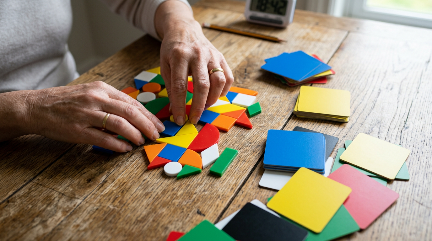 Overhead view of standardized neuropsychological test materials, pattern cards, sorting tiles, and a stopwatch, arranged on a table for cognitive assessment