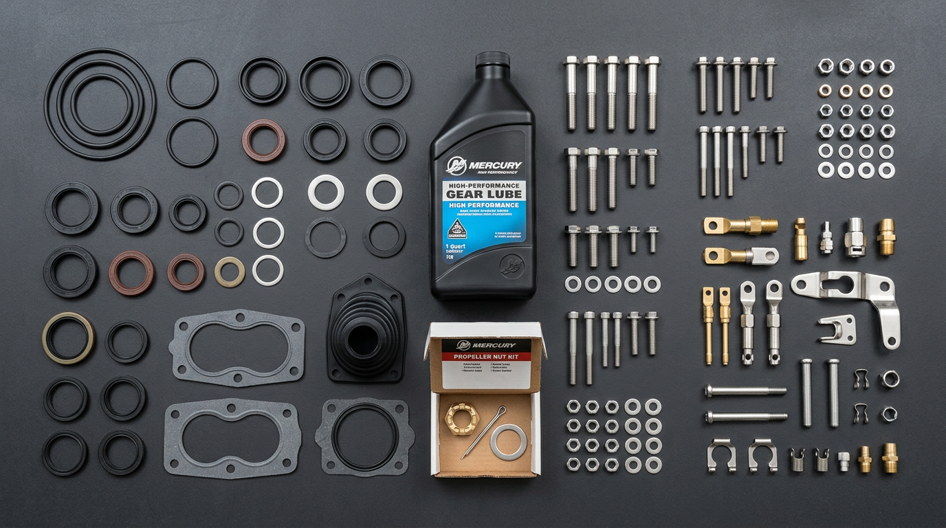 Flat lay of marine sterndrive installation kit including gaskets, seals, bolts, and gear lubricant needed for Alpha One lower unit installation