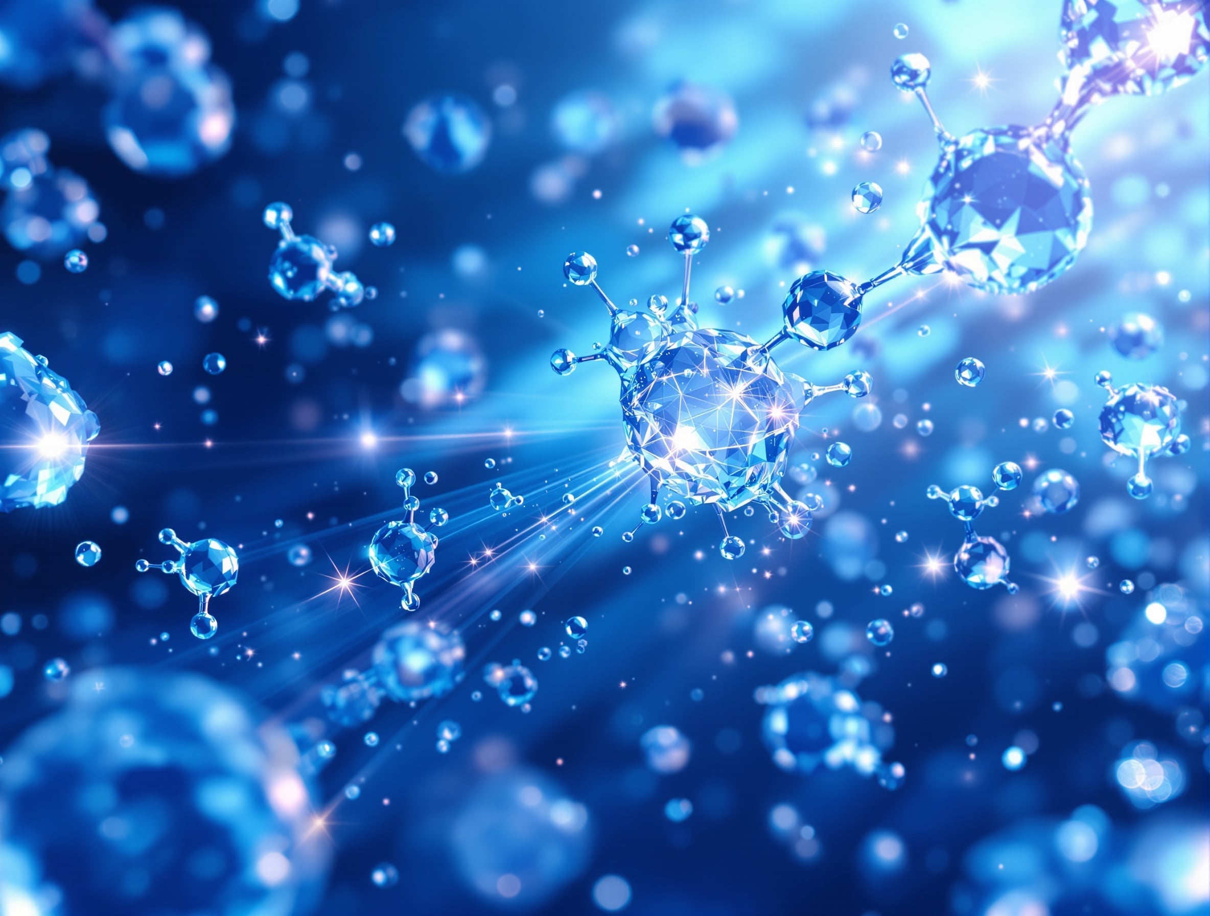 Scientific visualization of water molecules being restructured by light frequencies
