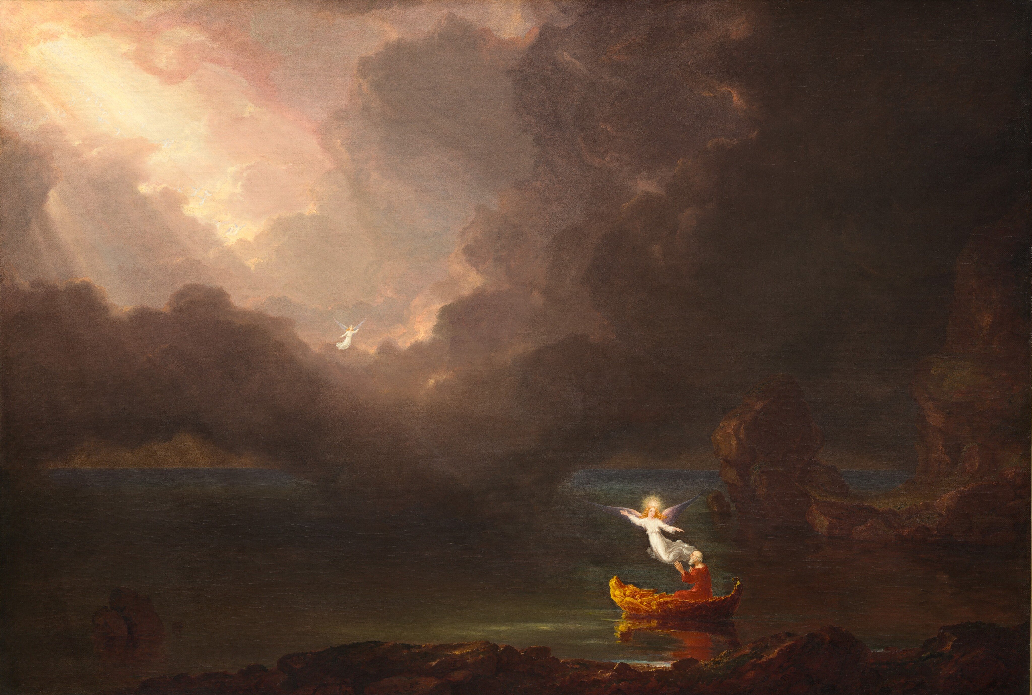 Thomas Cole, The Voyage of Life: Old Age, an aged traveller in a boat on a dark sea beneath a break of light