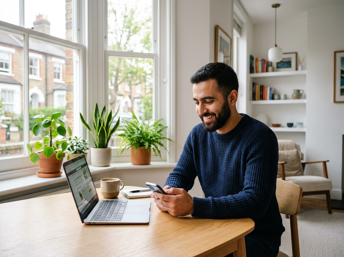 Ahmed, a young Afghan man in his bright London flat, ordering groceries on his phone