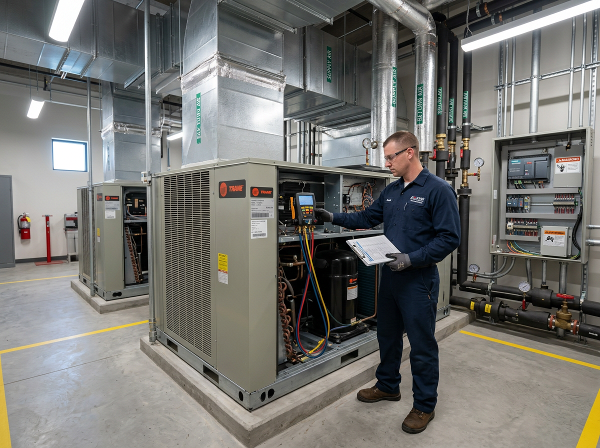 HVAC technician maintaining commercial air conditioning equipment in an office building mechanical room
