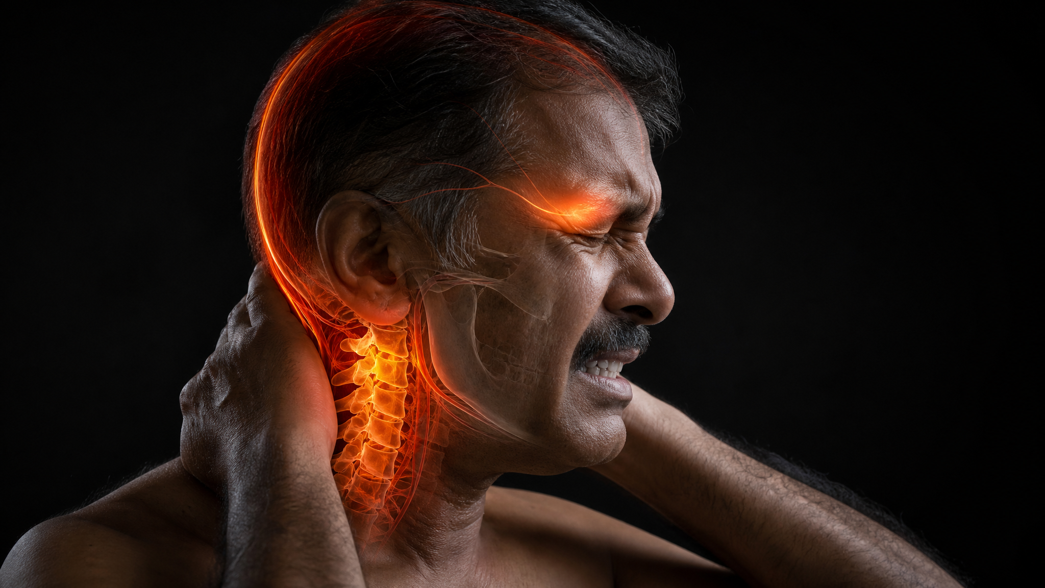A middle-aged South Asian man pressing both hands to the base of his skull, the upper cervical spine glowing hot orange with a bright arc of pain radiating over the scalp toward behind one eye, in a dark cinematic setting