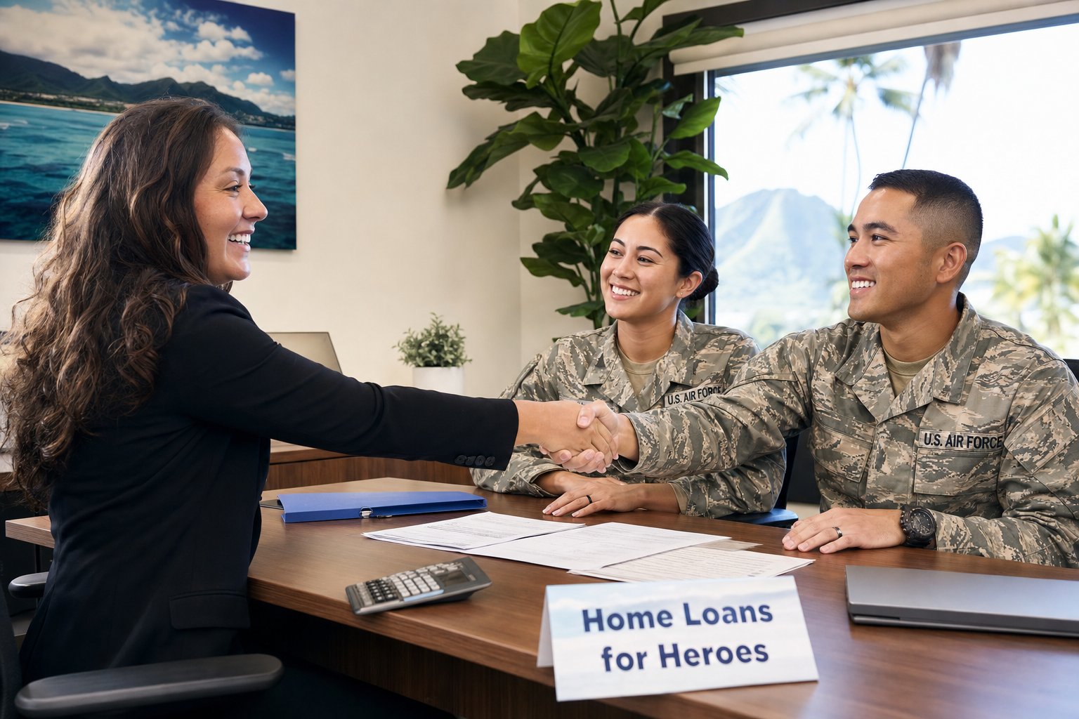 Professional mortgage consultant meeting with military couple in Hawaii