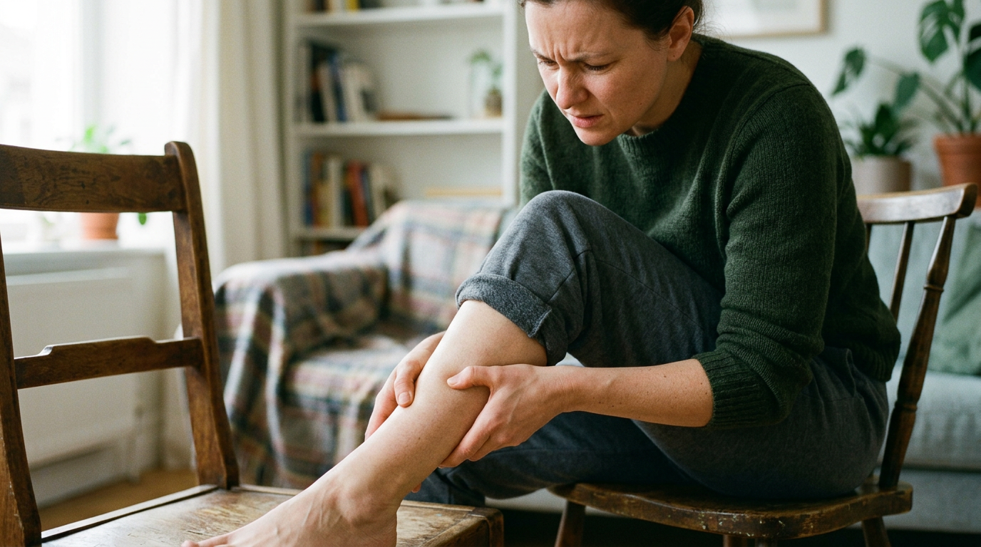 Photograph of a person seated, both hands wrapped around their lower shin feeling for movement at an old fracture site, wincing